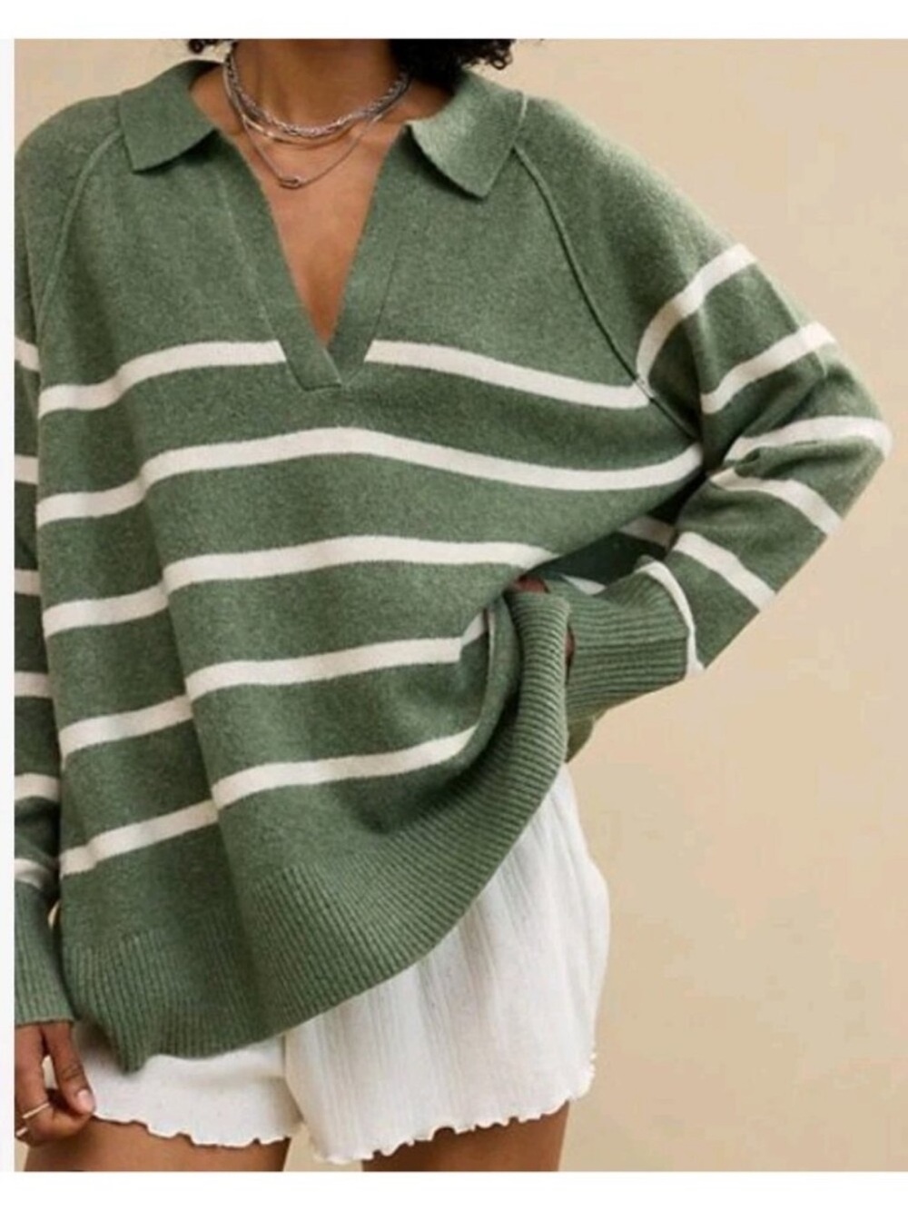 aerie Olive Green and White Striped oversized V-Neck Polo Sweater - XXL